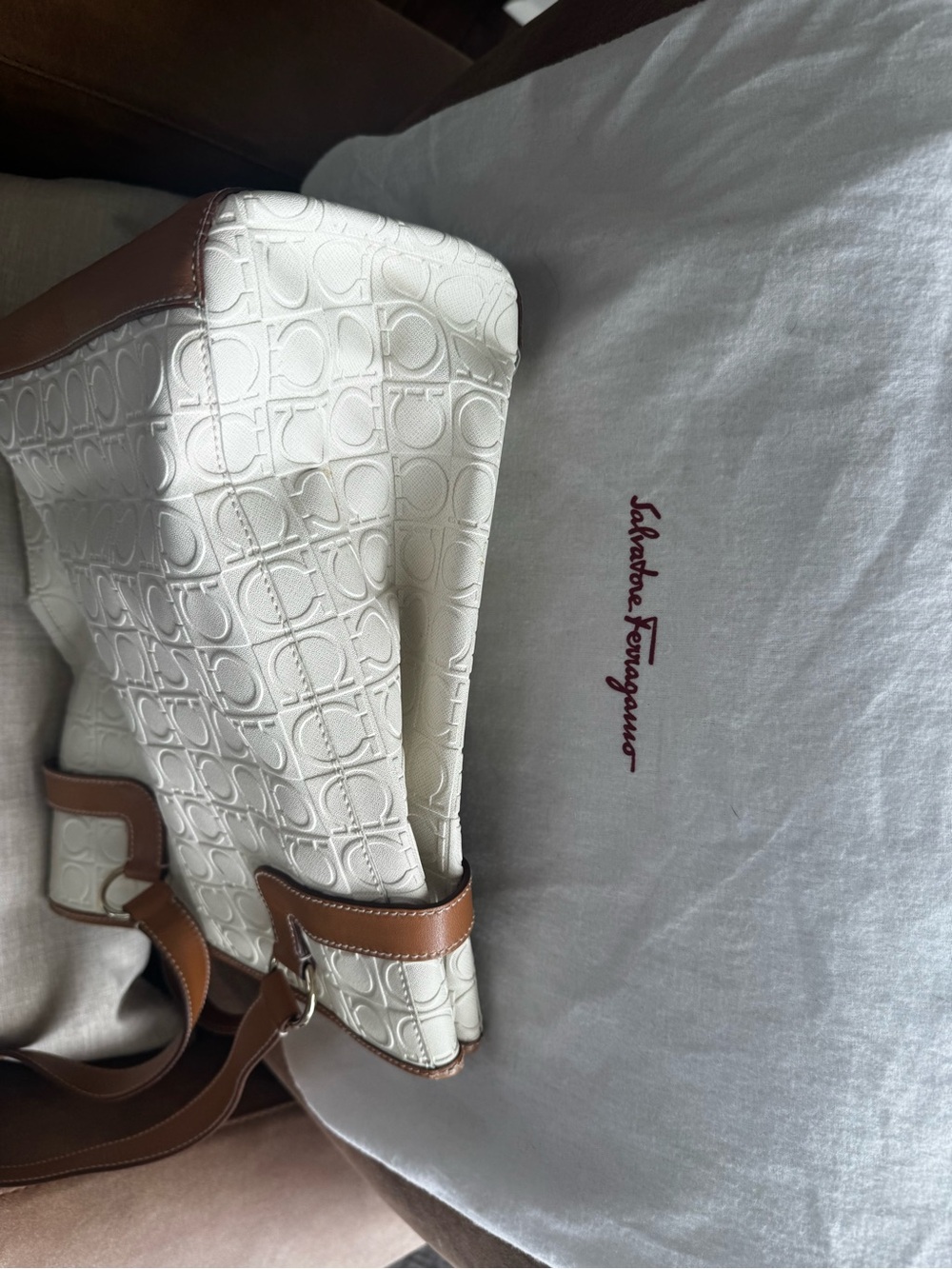 Salvatore Ferragamo Gancini Embossed Canvas & Leather Tote Bag, White/Tan - Picture 4 of 7